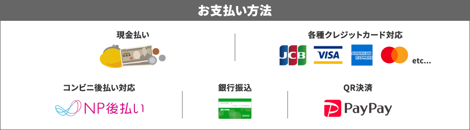 お支払い方法 現金払い 各種クレジットカード対応 コンビニ後払い対応 銀行振込 QR決済